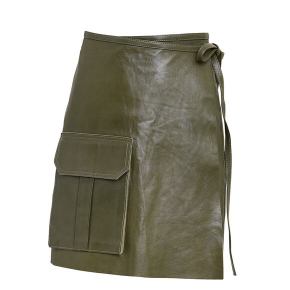 Ganni Leather Wrap Mini Skirt - FR 40 - Olive